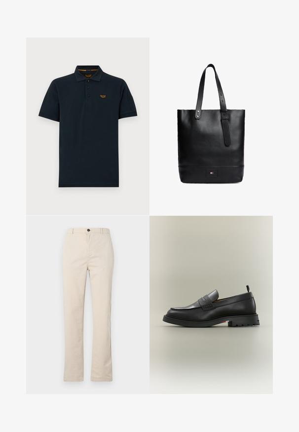Donkerblauw poloshirt met korte mouwen, drie knopen, kraag en klein oranje PME Legend-logo op de linkerborst.; Lichtbeige katoenen broek met een rechte pijpdesign, voorzien van een knoopsluiting aan de voorkant, een ritssluiting en minimale stikdetails.; Zwarte leren loafer met een gestructureerd banddetail, een stevige zool, een treklipje bij de hiel en een subtiele gekleurde streep aan de zijkant van de zool.; Zwarte leren tote tas met twee handvatten, waarvan één verstelbaar met gesp, en een klein rechthoekig logo-patch vlakbij de onderkant in het midden.