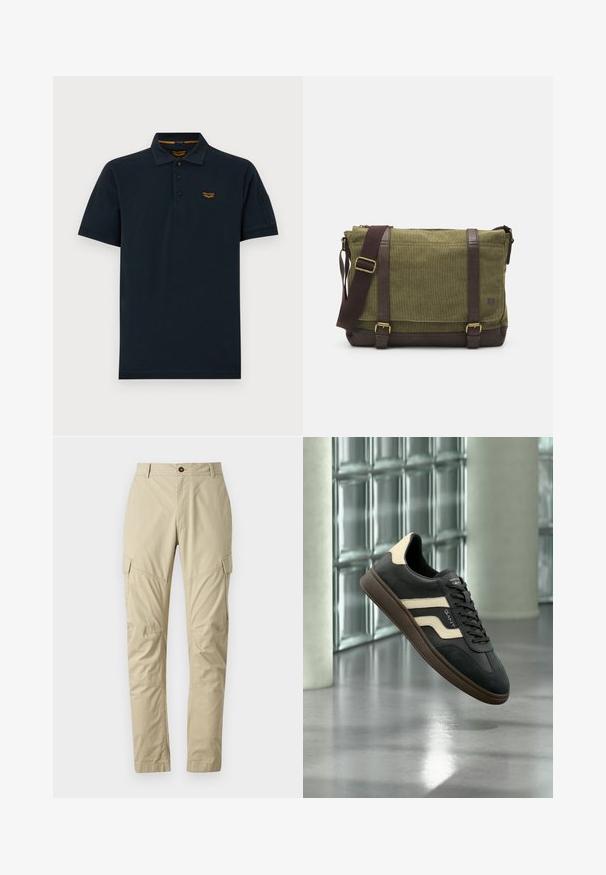 Polo de manga corta en azul marino oscuro con tres botones, cuello y pequeño logo naranja de PME Legend en el pecho izquierdo.; Pantalones cargo beige hechos de una tela liviana, con múltiples bolsillos, cierre de botón y un diseño de pierna ajustada. Textura suave.; Zapatilla negra y beige con suela marrón, rayas laterales y cordones, flotando sobre un suelo pulido junto a una pared de ladrillos de vidrio.; Bolso mensajero de tela verde con detalles de cuero marrón, tapa frontal, correa ajustable y cierre con cremallera en la parte superior. Presenta herrajes dorados.