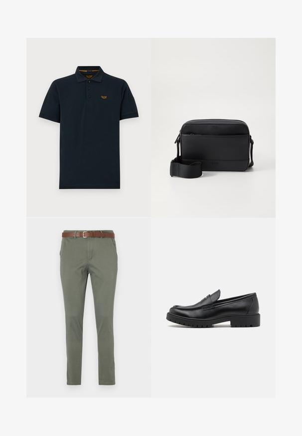 Polo de manga corta en azul marino oscuro con tres botones, cuello y pequeño logo naranja de PME Legend en el pecho izquierdo.; Chinos verde olivo de corte recto, con un cinturón de cuero marrón, bolsillos laterales y una tela sutilmente texturada.; Mocasines de cuero negro con punta redondeada, diseño sin cordones y suela de goma gruesa con agarre texturizado. Tacón elevado y detalles de costura sutiles.; Bolsa mensajera negra hecha de cuero suave, con un bolsillo frontal, cierre con cremallera y correa de tela ajustable. Logo de la marca grabado en la parte frontal.
