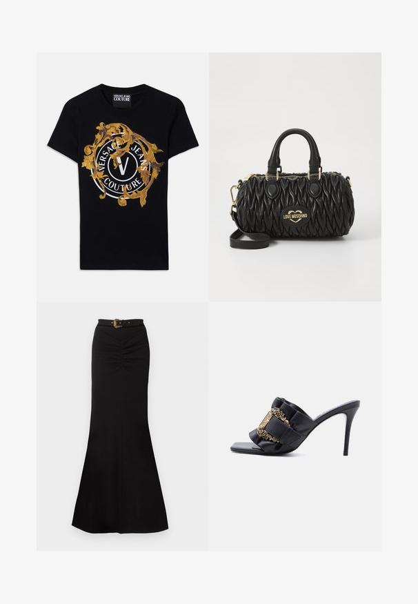 Sort kortærmet Versace Jeans Couture t-shirt med guld barokdesign og en hvid cirkulær logo centreret på fronten.; Lang sort nederdel med rynkedetaljer ved taljen og et sort bælte med en udsmykket guldlås.; Sort højhælet mule med firkantet tå, rynket rem og udsmykket guldlåsdetalje på hvid baggrund.; Sort quiltet håndtaske med guld hardware, afrundede top-håndtag og aftagelig skulderrem. Har et mærket ovalt patch på fronten.