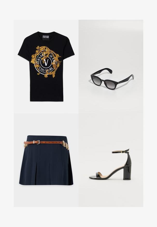 Must silmade varrukatega Versace Jeans Couture T-särk, millel on kuldne barokkdisain ja valge ringikujuline logo keskosas.; Tumesinine voldikseelik kitsama pruuni vöö ja kuldsete lillekaunistustega külgedel.; Mustad lakk-nahast kõrgete kontsadega sandaalid pahlapaelaga ja kuldse pandlaga, avatud varbaosaga ning plokktallaga valgel taustal.; Mustad mustakate eye Gucci prillid gradient hallide objektiividega, laiad käed ja brändi nimi nähtavalt templil, asetatud valgele pinnale.