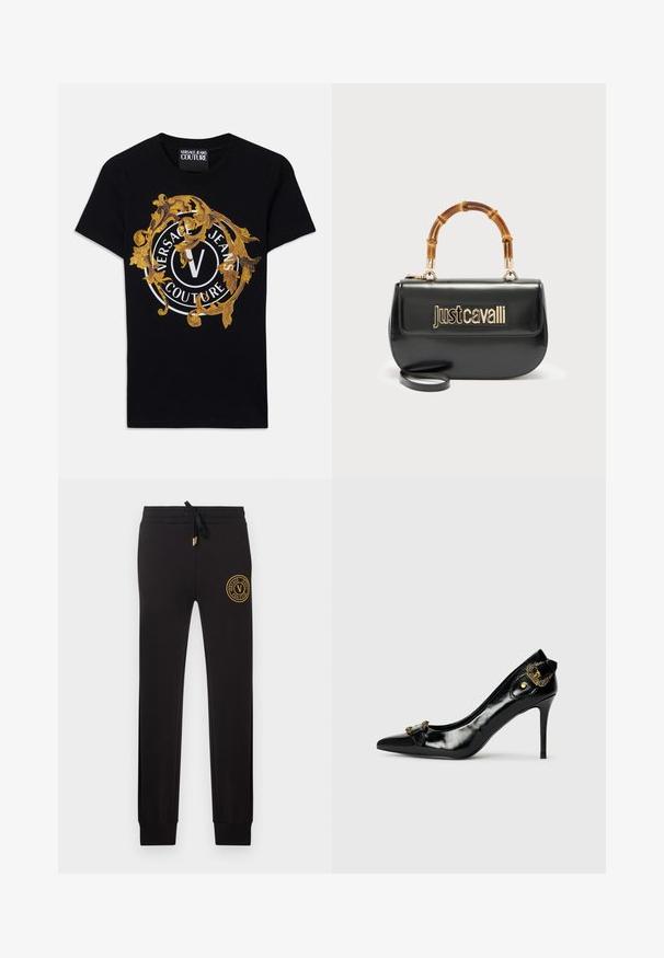 Čierne tričko s krátkym rukávom od Versace Jeans Couture so zlatým barokovým dizajnom a bielym kruhovým logom umiestneným v strede na prednej strane.; Čierne priliehavé tepláky s pásom na šnúrku a zlatou nášivkou s logom Versace Jeans Couture na hornej ľavej stehne.; Čierna lakovaná kožená vysoká päta s špicatou špičkou, detailom mašle na prednej strane a dekoratívnym akcentom zlatého kovu vzadu.; Čierna kožená kabelka so zlatým logom „Just Cavalli“ na prednej strane a zakrivenou bambusovou rúčkou, vybavená odnímateľným dlhým popruhom.