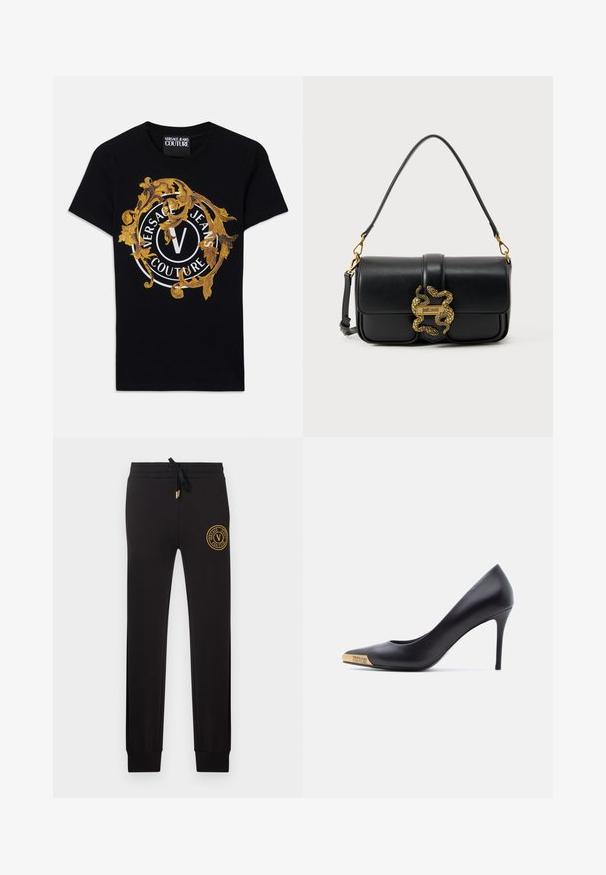Sort kortærmet Versace Jeans Couture t-shirt med guld barokdesign og en hvid cirkulær logo centreret på fronten.; Sorte slim-fit joggers med snøre i taljen og gyldent Versace Jeans Couture logo-patch på øverste venstre lår.; Sort læder højhælet pumpe med spids snude, guldmetalspids indgraveret med "Versace Jeans Couture," vist fra siden på hvid baggrund.; Sort skuldertaske i læder med guldfarvet dobbelt slange-lås og "Just Cavalli" logo på frontklappen.