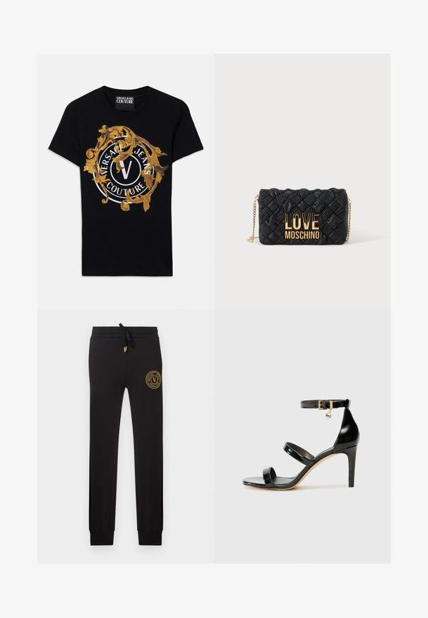 Schwarzes kurzärmliges T-Shirt von Versace Jeans Couture mit goldenem Barockdesign und weißem kreisförmigem Logo, das auf der Vorderseite zentriert ist.; Schwarze, eng anliegende Jogginghosen mit Kordelzug am Bund und goldenem Versace Jeans Couture-Logo-Patch am oberen linken Oberschenkel.; Schwarze Lackleder-Sandale mit drei Riemen, Knöchelriemen und 10 cm hohen Stiletto-Absatz. Verfügt über goldfarbene Hardware-Details und ein Logo-Charm.; Schwarze gesteppte Umhängetasche mit goldener Kettenriemen und großem goldenen "LOVE MOSCHINO" Logo auf der Vorderseite.