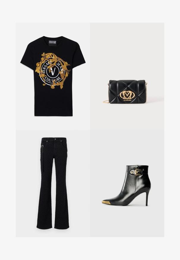 Schwarzes kurzärmliges T-Shirt von Versace Jeans Couture mit goldenem Barockdesign und weißem kreisförmigem Logo, das auf der Vorderseite zentriert ist.; Schwarze ausgestellte Jeans aus einem strukturierten Stoff mit einem dezenten Muster, silberner Hardware und frontalen Taschen. Reißverschlussdetail an der Seite.; Schwarzer Knöchelstiefel aus glänzendem Leder mit spitz zulaufender Zehenpartie, Stöckelabsatz und goldfarbener Hardware mit dekorativem Schnallendetail.; Schwarze gesteppte Lederhandtasche mit goldener Kettenriemen und großem goldenem Love Moschino Logo vorne.