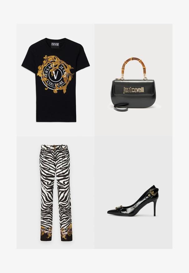 Čierne tričko s krátkym rukávom od Versace Jeans Couture so zlatým barokovým dizajnom a bielym kruhovým logom umiestneným v strede na prednej strane.; Nohavice so zebrovým vzorom v čiernej a bielej farbe, s dekoračnou kvetinovou potlačou na leme a opaskom so zlatými akcentmi a sponou.; Čierna lakovaná kožená vysoká päta s špicatou špičkou, detailom mašle na prednej strane a dekoratívnym akcentom zlatého kovu vzadu.; Čierna kožená kabelka so zlatým logom „Just Cavalli“ na prednej strane a zakrivenou bambusovou rúčkou, vybavená odnímateľným dlhým popruhom.