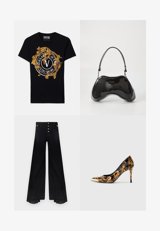 Μαύρο κοντομάνικο μπλουζάκι Versace Jeans Couture με χρυσό μπαρόκ σχέδιο και λευκό κυκλικό λογότυπο κεντραρισμένο μπροστά.; Μαύρο παντελόνι με ψηλόμεση και φαρδιά μπατζάκια, με πέντε χρυσά κουμπιά και πιετέ λεπτομέρειες στο εσωτερικό του τελειώματος.; Μαύρη γυαλιστερή γόβα με αιχμηρή μύτη, διακοσμημένη με χρυσά λουλουδάτα μοτίβα και μεταλλική χρυσή κάπα στην μύτη.; Μαύρη λαμπερή δερμάτινη τσάντα με μοναδικό καμπυλωτό σχήμα, κοντό ρυθμιζόμενο χερούλι και επάνω με φερμουάρ. Λείο υλικό με διακριτική σήμανση.