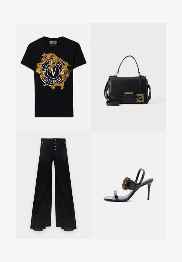 Camiseta de manga corta negra de Versace Jeans Couture con diseño barroco dorado y logo circular blanco centrado en la parte frontal.; Pantalones negros de talle alto y corte ancho con cinco botones dorados y detalles plisados en el interior del dobladillo.; Sandalia de tacón alto de charol negro con tiras delgadas y una gran hebilla dorada ornamentada en la tira frontal.; Bolso Moschino negro con asa superior, cierre con solapa, letras del logo en dorado y colgante decorativo dorado en forma de corazón.