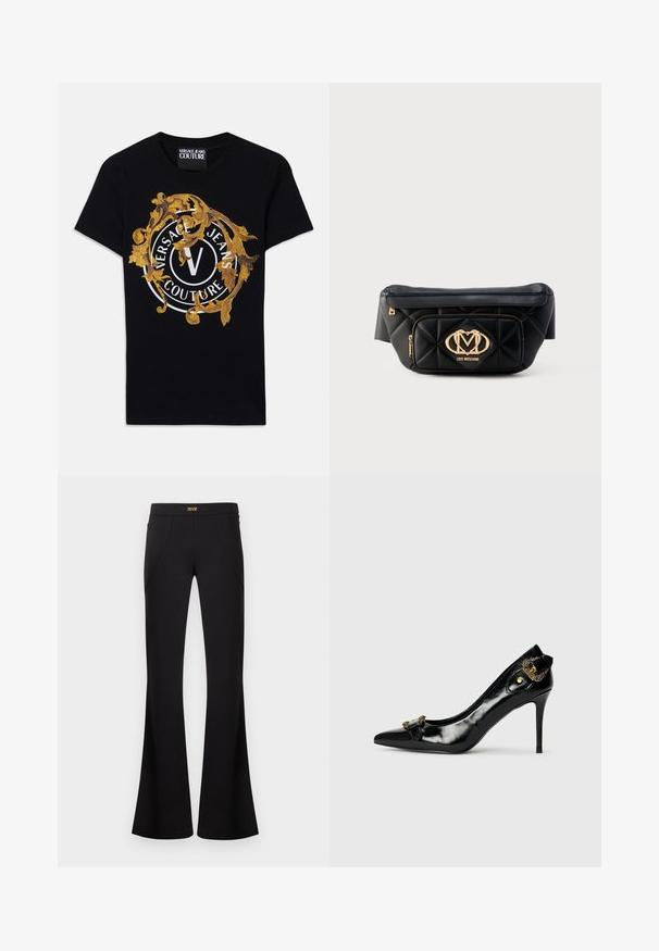 Sort kortærmet Versace Jeans Couture t-shirt med guld barokdesign og en hvid cirkulær logo centreret på fronten.; Sorte, udvidede bukser med detaljer ved frontsømmene og en guldfarvet logomærke på taljebåndet, vist mod en enkel lys baggrund.; Sorte laklæder højhælede sko med spidse tæer, en sløjfedetalje foran og en dekorativ accent i guldtonet metal bagpå.; Sort quiltet læderbæltetaske med guld Love Moschino-logo og lynlåslomme foran på hvid baggrund.
