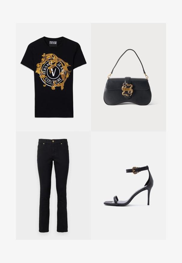 Must silmade varrukatega Versace Jeans Couture T-särk, millel on kuldne barokkdisain ja valge ringikujuline logo keskosas.; Mustadest denimist valmistatud teksased, mis on sirge lõikega, viie tasku disainiga, nööbiga kinnitamiseks ja kuldse tooni metallist detailidega. Pehme tekstuur ja minimaalne kujundus.; Mustad kõrgete kontsadega sandaal õhukese pahkluu rihmaga, millel on dekoratiivne kuldne pandlaga ja üks varbarihm, tekstureeritud nahkviimistlus.; Mustast nahast käekott kõvera kujuga, ühe käepideme ja kuldse madu-kujulise kinnitusdetailiga, millel on silt "Just Cavalli" ühevärvilisel taustal.