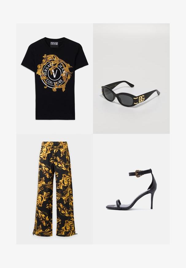 Čierne tričko s krátkym rukávom od Versace Jeans Couture so zlatým barokovým dizajnom a bielym kruhovým logom umiestneným v strede na prednej strane.; Čierne nohavice so širokými nohavicami s žltým a zlatým ozdobným barokovým kvetinovým vzorom a elastickým pásom.; Čierna vysoká sandála na opätku s tenkým remienkom okolo členku s ozdobnou zlatou prackou a jedným remienkom cez prsty, s textúrovaným koženým povrchom.; Čierne slnečné okuliare s lesklým povrchom, oválne šošovky a zlaté akcenty loga DG na ramenách. Textúrované bočné detaily, štýlový dizajn.