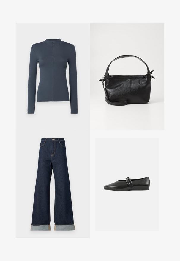 Dunkelgrau geripptes Langarmoberteil mit Stehkragen und kurzem Frontreißverschluss, taillierte Silhouette, präsentiert auf weißem Hintergrund.; weit geschnittene dunkelblaue Denim-Jeans mit orangefarbenen Nähten, hohen Bund, zwei vorderen Taschen und umgeschlagenen Säumen, die einen hellblauen Kontraststoff zeigen.; Schwarze Lederflachschuhe mit spitzem Zehenbereich, ausgestattet mit einem metallischen Riemen über dem Spann und einer niedrigen, flexiblen Sohle.; Schwarze Lederhandtasche mit strukturiertem Design, rundem Haltegriff und abnehmbarem Schulterriemen. Sie weist eine glatte Oberfläche und einen subtilen Glanz auf.