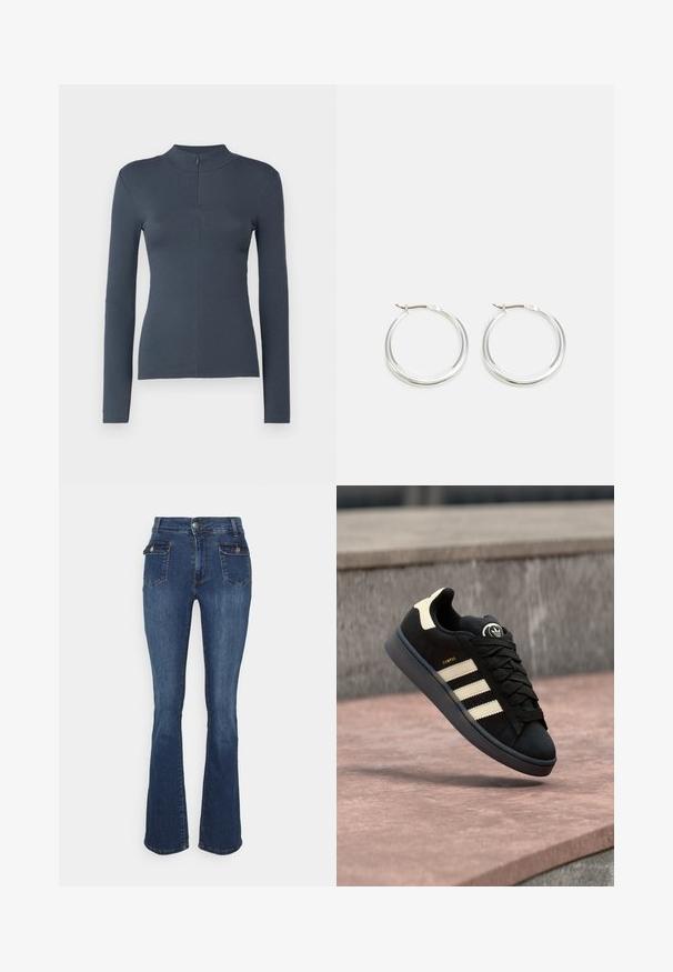Dunkelgrau geripptes Langarmoberteil mit Stehkragen und kurzem Frontreißverschluss, taillierte Silhouette, präsentiert auf weißem Hintergrund.; Ausgestellte Denim-Jeans in Dunkelblau, mit hohem Bund, Front- und Gesäßtaschen, orangefarbenen Nähten und einem leichten Used-Look.; Schwarzer Wildledersneaker mit drei beigen Streifen, rundem Logo auf der Zunge, flachen Schnürsenkeln und einer gepolsterten Sohle mit der Aufschrift "CAMPUS".; Silberne Creolen zeichnen sich durch ein glattes, rundes Design mit einem schlanken Profil und einem sicheren Verschluss aus. Minimalistischer Stil mit glänzender Oberfläche.