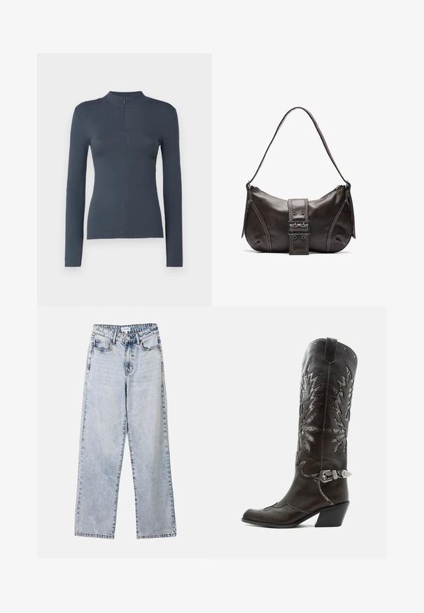Dunkelgrau geripptes Langarmoberteil mit Stehkragen und kurzem Frontreißverschluss, taillierte Silhouette, präsentiert auf weißem Hintergrund.; Helle blaue Straight-Leg-Jeans aus Denim, ausgestattet mit zwei vorderen Taschen, einem Knopfverschluss und kontrastierenden Nähten entlang der Säume.; Schwarzer Leder-Cowboystiefel mit dekorativen Ausschnitten, silberner Schnalle und schräger Ferse, auf weißem Hintergrund dargestellt.; Braune Lederumhängetasche mit gebogener Form, die mit einem auffälligen Schnallendetail, kontrastierenden Nähten und einem einzigen Schulterriemen ausgestattet ist.