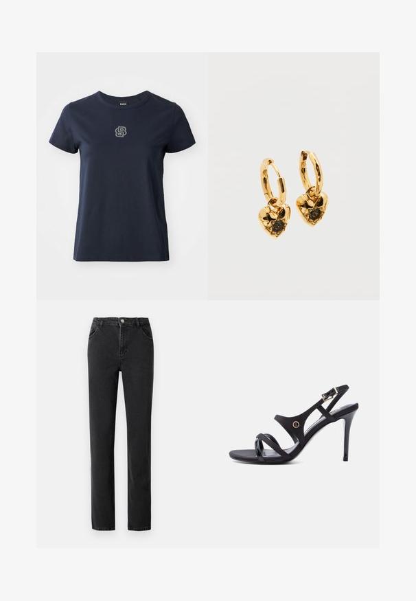 Camiseta de algodón azul marino con mangas cortas, escote redondeado y un pequeño logo de strass en la parte izquierda del pecho.; Jeans de mezclilla negra con una cintura alta, diseño de pierna recta, cinco bolsillos y cierre de botón con herrajes de metal.; Sandalia negra de tacón alto con tiras finas, hebilla en el tobillo y un tacón de aguja delgado sobre un fondo blanco.; Pendientes de aro dorados con colgantes en forma de corazón. Cada corazón presenta una superficie texturizada y una piedra preciosa negra central en un engaste de puntas.