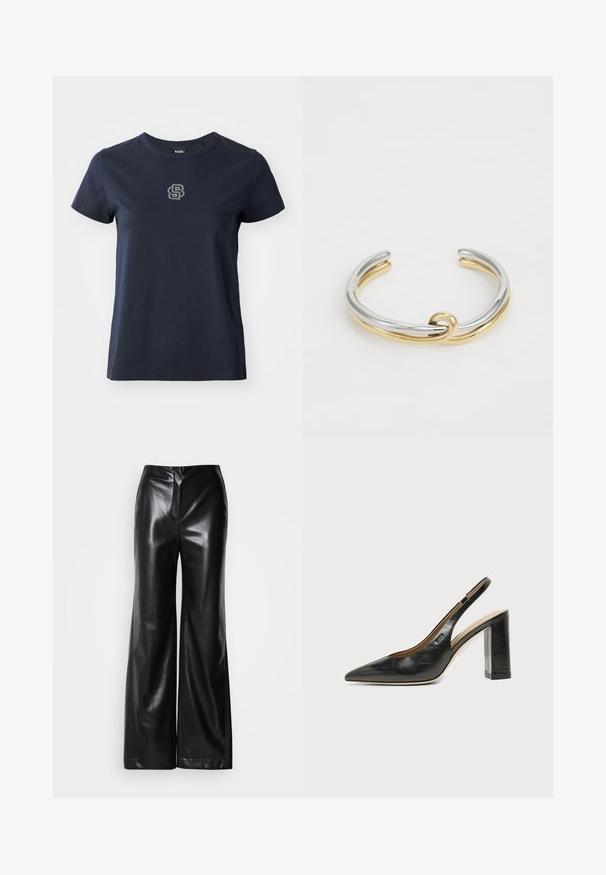 T-shirt en coton bleu marine à manches courtes, col rond, avec un petit logo en strass sur la partie gauche de la poitrine.; Pantalons larges en cuir noir avec une texture lisse, taille haute et fermeture éclair frontale dissimulée. Coupe ajustée avec une finition soignée.; Chaussure slingback en cuir noir à bout pointu avec un talon bloc haut et une doublure intérieure beige sur un fond clair uni.; Bracelet en métal avec des bandes entrelacées en argent et en or, finition lisse et polie. Détail de nœud notable au centre.