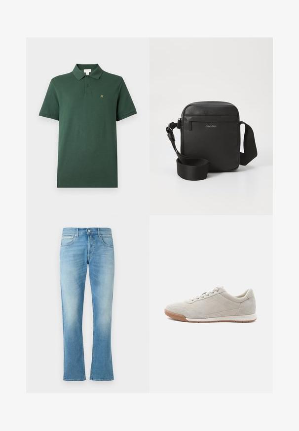 Donkergroen polo shirt met korte mouwen, twee knopen en een klein geel "cK"-logo op de linkerborst, op een effen achtergrond.; Lichtblauwe denim jeans met een uitlopende pijpdesign, voorzien van een standaard vijf-pocket indeling en knoopsluiting. Soepele textuur en subtiele vervaging.; Lichtbeige suède sneaker met witte veters, rubberen zool en subtiele stikseldetails, getoond vanaf de linkerkant op een witte achtergrond.; Zwarte leren schoudertas met een gestructureerde afwerking, met een voorste ritszak en een verstelbare stoffen schouderband. Merklogo zichtbaar.