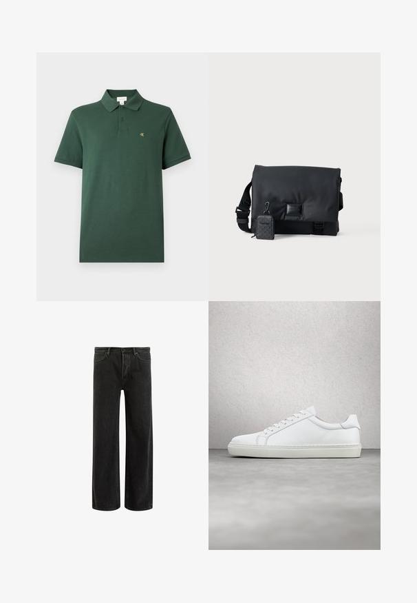 Donkergroen polo shirt met korte mouwen, twee knopen en een klein geel "cK"-logo op de linkerborst, op een effen achtergrond.; Zwarte denims met wijde benen en een hoge taille, met een klassiek vijf zakken ontwerp en subtiele vervaging voor een textuur uitstraling.; Witte sneaker met een gladlederen bovenwerk en een laag profiel. Voorzien van een ronde neus, zes vetergaatjes en een gestructureerde rubberen zool.; Zwarte schoudertas met een strak, glad oppervlak, een verstelbare schouderriem en een klein afneembaar zakje met een geometrisch patroon.