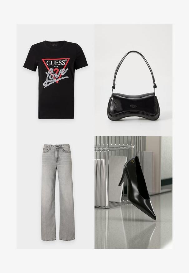 Sort bomulds T-shirt med et rødt trekantet logo og "GUESS U.S.A." samt et krystinsat "Love" tekstdesign i hvid. Korte ærmer.; Grå denim brede bukser med en medium vask, der har en knaplukning, fem lommer og standard syninger.; Sort højhælet sko med spids tå og guldlogo, placeret på en reflekterende overflade nær en krom trådfilholder med dokumenter.; Sort patentlæder håndtaske med en buet form, et enkelt håndtag og en rund bund. Har en subtil logo-detalje på forsiden.