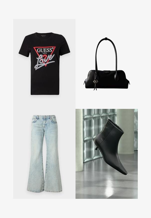 Zwarte katoenen T-shirt met een rood driehoeklogo met "GUESS U.S.A." en een met kristallen versierd "Love" tekstontwerp in het wit. Korte mouwen.; Lichtblauwe flared jeans van denim, met een hoge taille, zakken en rafelige zomen. De stof heeft een vervaagde wassing en een subtiele textuur.; Zwarte leren enkellaars met spits toelopende neus en lage kittenhak, schuin weergegeven tegen een gepolijste vloer en een glazen blokken muur als achtergrond.; Zwarte leren Calvin Klein handtas met lange hengsels, een logo-label aan de voorkant en een zilverkleurige geometrische hanger die aan één hengsel hangt.