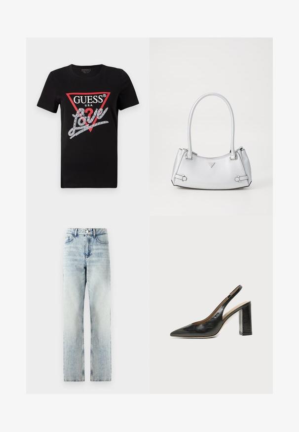 Zwarte katoenen T-shirt met een rood driehoeklogo met "GUESS U.S.A." en een met kristallen versierd "Love" tekstontwerp in het wit. Korte mouwen.; Lichtblauwe high-waisted jeans van denim. Recht model met subtiele vervaging, vijf zakken en een metalen knoopsluiting.; Zwarte leren slingback schoen met spits toelopend neusje, hoge blokhak en beige binnenvoering tegen een effen lichte achtergrond.; Zilveren handtas met een gestructureerd ontwerp, voorzien van twee handvatten, een glanzende textuur, opvallende hardware en een driehoekig logo aan de voorkant.