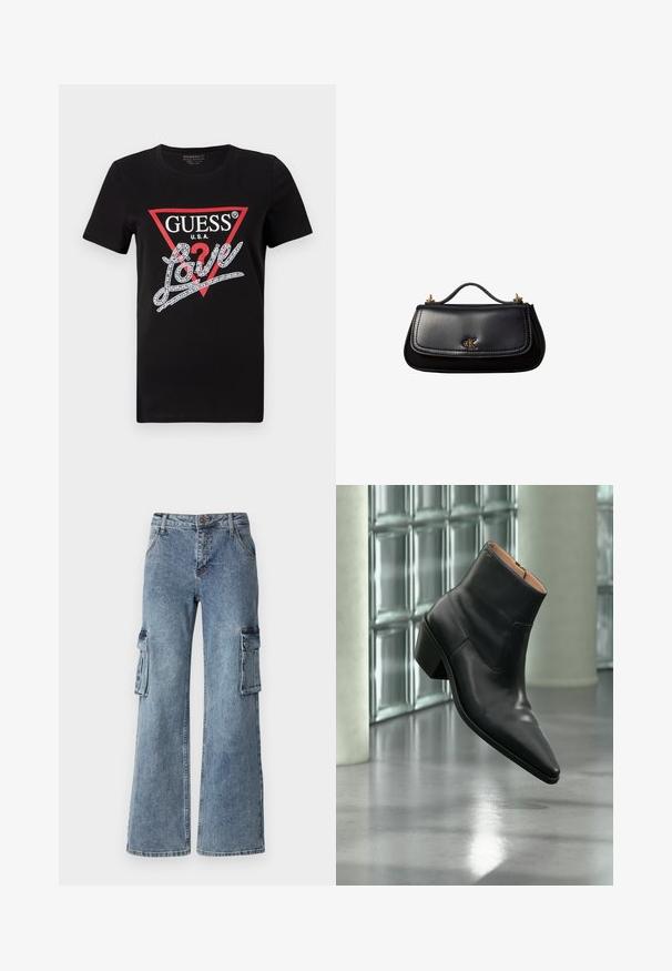 Zwarte katoenen T-shirt met een rood driehoeklogo met "GUESS U.S.A." en een met kristallen versierd "Love" tekstontwerp in het wit. Korte mouwen.; Brede blauwe denim cargo broeken met zijzakken, een knoopsluiting en riemlussen. De stof heeft een lichte wassing met subtiele vervaging.; Zwarte leren enkellaars met een spitse neus en blokhak die zweeft boven een reflecterende grijze vloer nabij een glazen blokmuur.; Zwarte leren handtas met een klein handvat, goudkleurig "cK"-logo op de voorflap en gouden hardware-accenten.