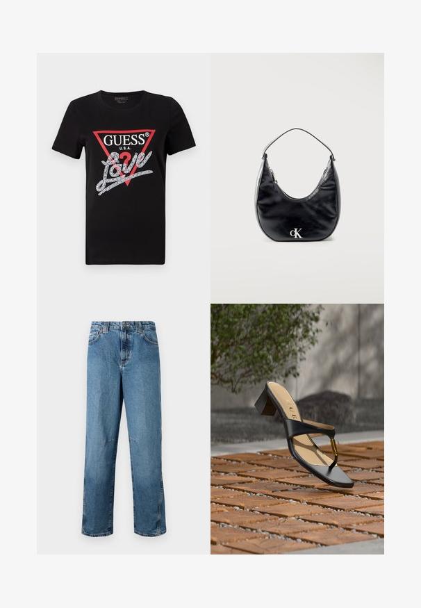 Zwarte katoenen T-shirt met een rood driehoeklogo met "GUESS U.S.A." en een met kristallen versierd "Love" tekstontwerp in het wit. Korte mouwen.; Lichtblauwe denim jeans met een rechte snit, voorzien van gestikte zakken, een knoopsluiting aan de voorkant en een minimale vervaging van de stof.; Zwarte sandaal met hak, teenlus en gouden accent, geplaatst op een houten en stenen geplaveid oppervlak buiten nabij groen.; Zwarte leren handtas in halvemaanvorm met korte riem en zilveren "cK" logo aan de voorkant, ritssluiting aan de bovenkant.