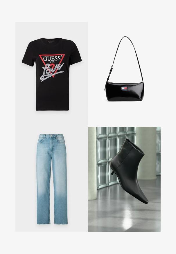 Zwarte katoenen T-shirt met een rood driehoeklogo met "GUESS U.S.A." en een met kristallen versierd "Love" tekstontwerp in het wit. Korte mouwen.; Lichtblauwe high-waist rechtgesneden spijkerbroek met knoop- en ritssluiting aan de voorkant, voor- en achterzakken, weergegeven tegen een witte achtergrond.; Zwarte leren enkellaars met spits toelopende neus en lage kittenhak, schuin weergegeven tegen een gepolijste vloer en een glazen blokken muur als achtergrond.; Zwarte gepatineerde leren schoudertas met een gebogen schouderband, ritssluiting en een rechthoekig logo-opdruk in rood, wit en blauw.