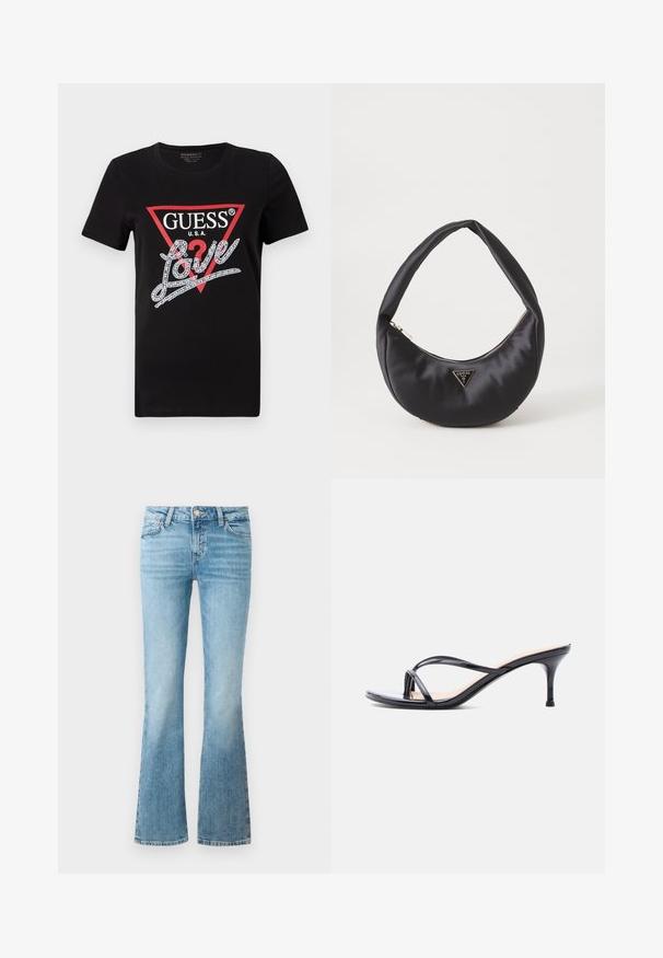 T-shirt en coton noir avec un logo en triangle rouge portant "GUESS U.S.A." et un design de texte "Love" incrusté de cristaux en blanc. Manches courtes.; Jean flare en denim bleu clair avec poches avant, passants de ceinture et fermeture à bouton.; Sandale à talon en cuir verni noir avec fines lanières croisées et talon aiguille moyen et élancé sur fond blanc.; Sac à main en satin noir avec une forme courbée, doté d'une fermeture à glissière et d'un logo triangulaire en métal à l'avant. Texture lisse et design épuré.