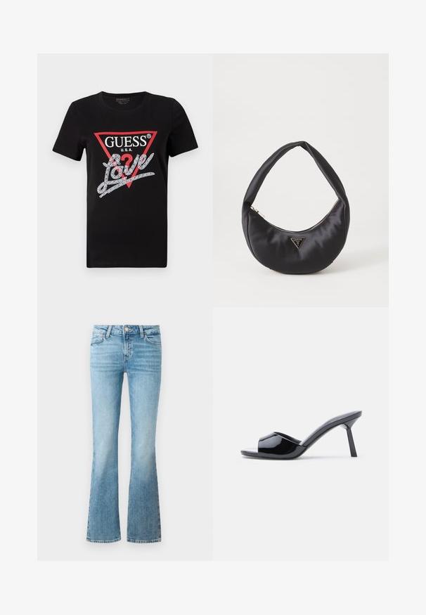 Zwarte katoenen T-shirt met een rood driehoeklogo met "GUESS U.S.A." en een met kristallen versierd "Love" tekstontwerp in het wit. Korte mouwen.; Lichtblauwe denim flare jeans met voorzakken, riemlussen en een knoopsluiting.; Zwarte lakleren open-teen sandalen met hak, met een gebogen bovenkant ontwerp en een taps toelopende naaldhak. Gladde glanzende afwerking.; Zwarte satin handtas met een gebogen vorm, voorzien van een ritssluiting en een driehoekig metalen logo aan de voorkant. Gladde textuur en een slank ontwerp.