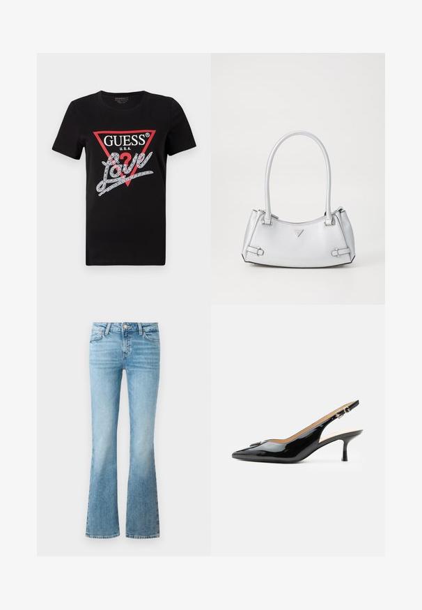 Sort bomulds T-shirt med et rødt trekantet logo og "GUESS U.S.A." samt et krystinsat "Love" tekstdesign i hvid. Korte ærmer.; Lysblå denimflaredragt med frontlommer, bæltesløjfer og knaplukning.; Sort patentlæder slingback hæl med spids tå, lille kitten hæl og sølvspænde på en ensartet hvid baggrund.; Sølv håndtaske med et struktureret design, der har to håndtag, en skinnende overflade, accenthardware og et trekantet logo på fronten.