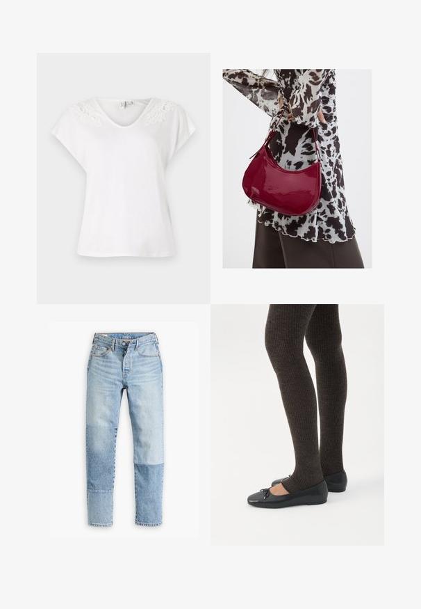 Hvid kortærmet t-shirt med v-hals og blonderdetaljer på skuldrene, lavet af letvægtsstof, med en løs pasform.; Lyseblå denimjeans med et unikt paneldesign med varierende nuancer og teksturer. Klassisk fem-lomme stil med lynlås.; Ben iført mørke ribbede leggings kombineret med sorte balletsko med små sløjfedetaljer på hvid baggrund.; Kvinde iført en sort- og hvidmønstret bluse, der holder en blank rød skuldertaske mod en ensfarvet baggrund.