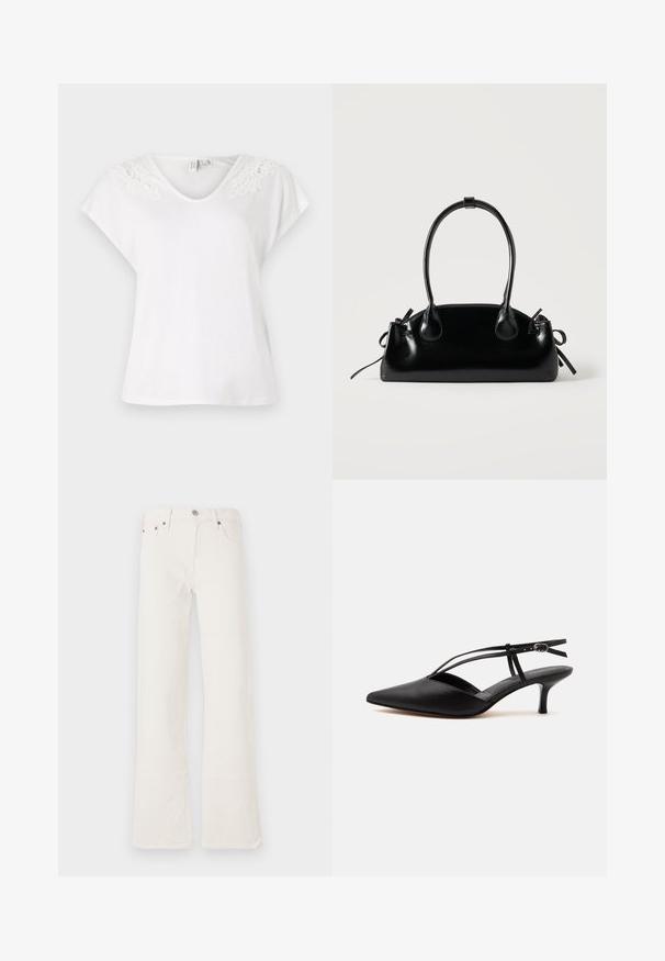 T-shirt blanc à manches courtes avec un décolleté en V et des détails en dentelle sur les épaules, fabriqué en tissu léger, avec une coupe ample.; Jean flare blancs en denim, avec une taille haute, cinq poches et des coutures doublement piquées, ornés de accents en ton cuivre.; Escarpin noir en cuir à bout pointu avec petit talon kitten, fine bride de cheville avec boucle, design slingback, sur un fond uni clair.; Petit sac à main noir brillant avec deux longues anses et des détails à cordon sur les côtés sur un fond clair uni.