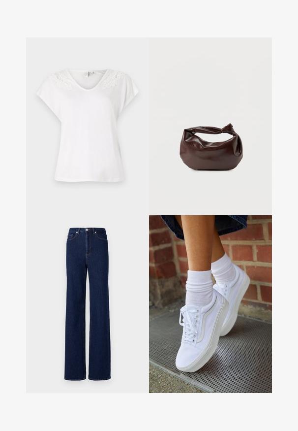 T-shirt blanc à manches courtes avec un décolleté en V et des détails en dentelle sur les épaules, fabriqué en tissu léger, avec une coupe ample.; Jean en denim bleu foncé à taille haute, coupe large et design classique à cinq poches. Fini avec des coutures contrastées et un bouton en métal.; Baskets en toile blanches avec semelles en caoutchouc, dotées de six œillets, d'un bout rond et de détails de couture légers, portées avec des chaussettes blanches mi-mollet.; Sac bandoulière en cuir marron foncé avec une forme souple et décontractée et une anse nouée torsadée sur un fond blanc uni.