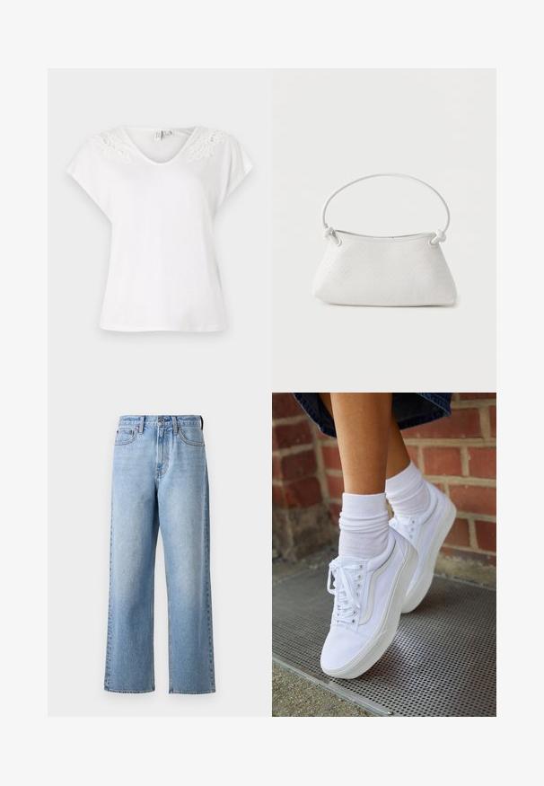 Hvid kortærmet t-shirt med v-hals og blonderdetaljer på skuldrene, lavet af letvægtsstof, med en løs pasform.; Lys blå denim jeans med lige ben-design, der har en knaplukning, bæltestropper og subtil aftoning i stofstrukturen.; Hvide lærreds sneakers med gummisåler, der har seks snørehuller, rund tå og let sømdetaljer, krydret med hvide ankelstrømper.; Hvid fletlæderhåndtaske med afrundet håndtag og ender på remmen, der er knyttet, vist mod en ensfarvet baggrund.