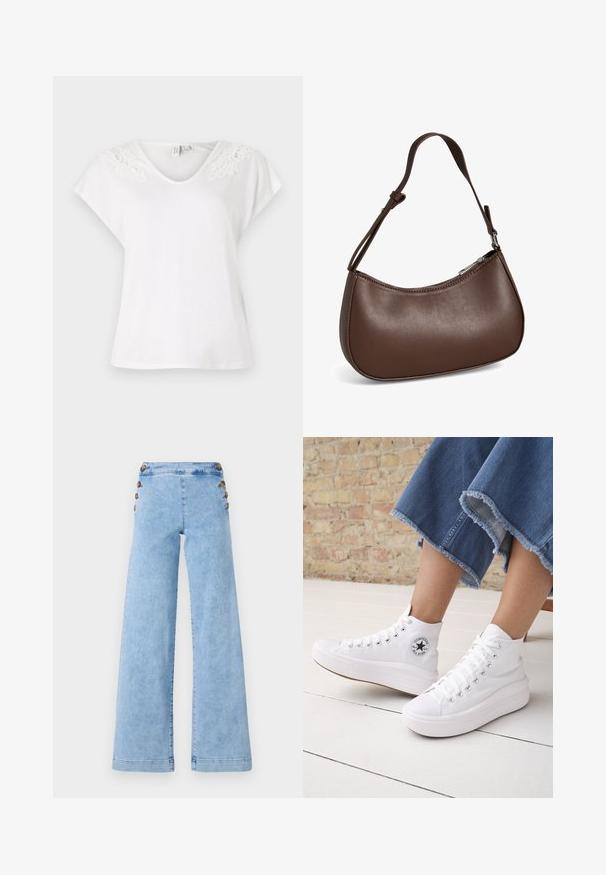 T-shirt blanc à manches courtes avec un décolleté en V et des détails en dentelle sur les épaules, fabriqué en tissu léger, avec une coupe ample.; Jean large en denim bleu clair à taille haute, avec des accents de boutons en métal sur les côtés et une texture lisse légèrement vieillie.; Personne portant des baskets Converse blanches montantes avec des semelles épaisses et un jean bleu court à ourlet effiloché, contre un mur en briques et un sol blanc.; Petit sac bandoulière en cuir marron avec sangle réglable et fermeture éclair, présenté sur fond blanc. Aucun logo ou décoration visible.
