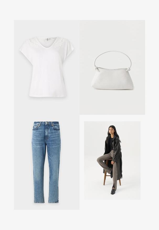 Camiseta blanca de manga corta con escote en forma de V y detalles de encaje en los hombros, hecha de una tela ligera y con un corte holgado.; Jeans de mezclilla azul claro con cintura alta, diseño de pierna recta y textura desgastada. Presentan herrajes plateados y costuras en contraste.; Abrigo de trench de cuero negro con botones y detalle de cinturón, combinado con pantalones ajustados de color marrón claro y mocasines negros, sentado en un taburete de madera.; Bolso de mano de cuero blanco tejido con asa redondeada y extremos de la correa anudados, exhibido sobre un fondo liso.