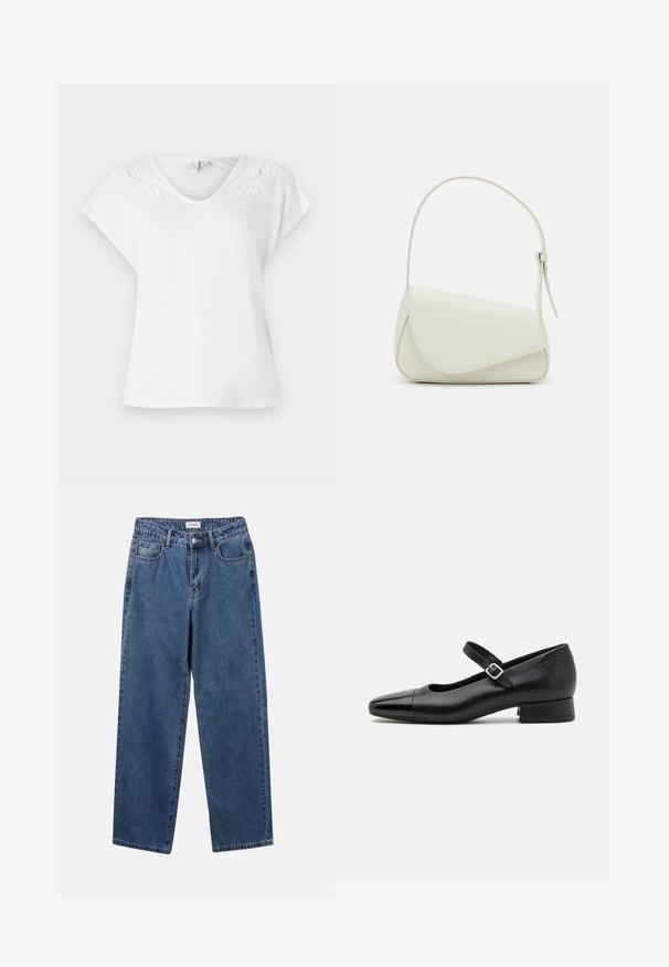 T-shirt blanc à manches courtes avec un décolleté en V et des détails en dentelle sur les épaules, fabriqué en tissu léger, avec une coupe ample.; Jean en denim bleu classique avec une coupe droite, cinq poches et une fermeture par bouton. Présente un lavage moyen et une texture robuste.; Chaussures Mary Jane en cuir noir avec un embout en vernis, une sangle cheville réglable et un petit talon carré. Texture lisse et design élégant.; Sac à main en cuir synthétique blanc avec une forme triangulaire structurée, une bandoulière unique réglable et un rabat à courbes accentuées.