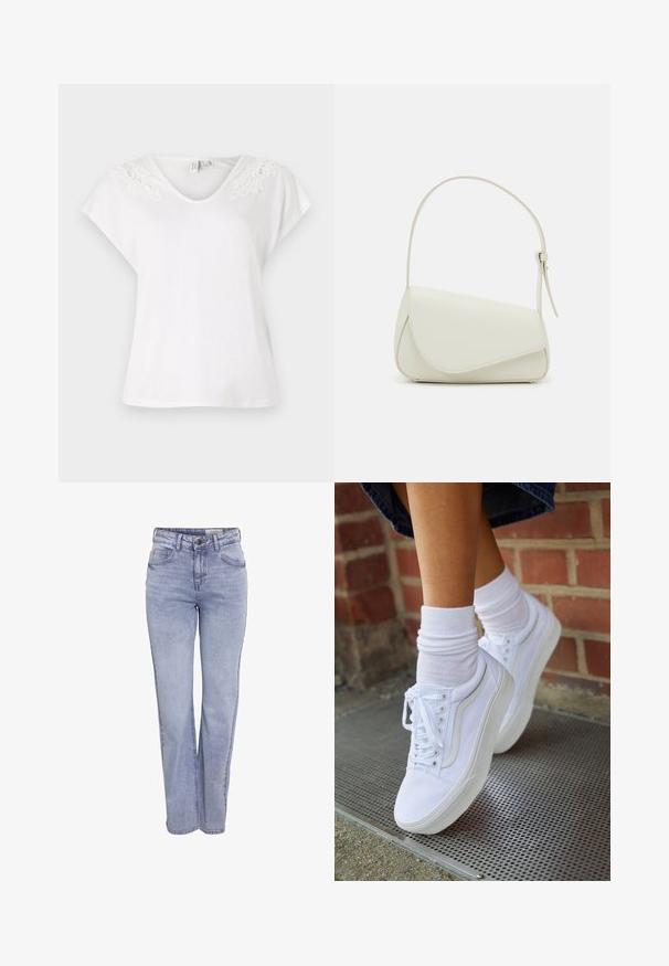 Weißes Kurzarm-T-Shirt mit V-Ausschnitt und Spitzendetails an den Schultern, aus leichtem Stoff gefertigt, mit lockerer Passform.; Helle blaue Gerade geschnittene Jeans aus Denim, mit Knopfverschluss, fünf Taschen und dezentem Verblassen an Vorder- und Rückseite.; Weiße Leinensneaker mit Gummisohlen, ausgestattet mit sechs Ösen, runder Zehenpartie und dezenten Nähten, kombiniert mit weißen Knöchelsocken.; Weiße Kunstleder-Handtasche mit einer strukturierten dreieckigen Form, einem verstellbaren Einzelgurt und einem Klappenverschluss mit geschwungenen Akzenten.