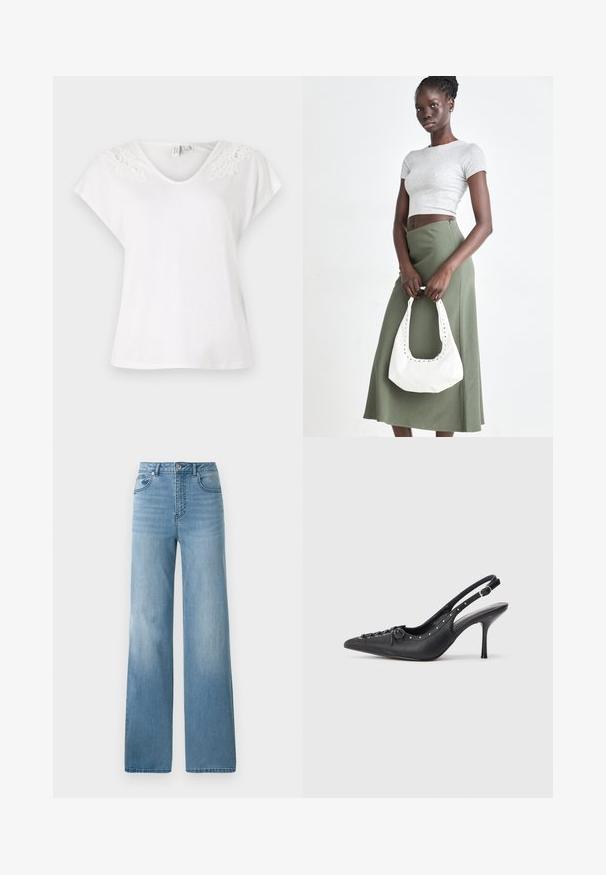 Hvid kortærmet t-shirt med v-hals og blonderdetaljer på skuldrene, lavet af letvægtsstof, med en løs pasform.; Lyseblå højtaljede jeans med lige ben. Fremstillet af denim, med fem lommer og knaplukning.; Sorte læder slingback stiletto med spids tå, side spændebånd, nitter langs kanten og dekorativ snøring foran.; Grå ribbet crop top og olivengrøn højhøjdet nederdel. Modellen holder en hvid skuldertaske med udskæringsdetaljer. Enkel design, tætsiddende silhuet.