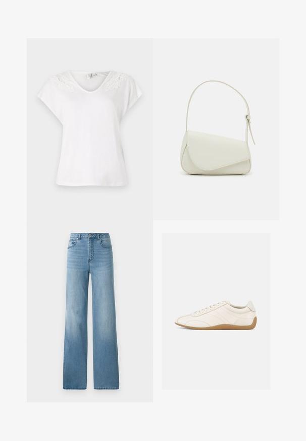Weißes Kurzarm-T-Shirt mit V-Ausschnitt und Spitzendetails an den Schultern, aus leichtem Stoff gefertigt, mit lockerer Passform.; Helleblaue hochtaillierte Jeans mit geradem Bein. Aus Denim gefertigt, mit fünf Taschen und einem Knopfverschluss.; Weißer Ledersneaker mit glatter Textur, abgerundetem Zehenbereich und tonalen Nähten. Verfügt über eine braune Gummisohle und eine Schnürverschluss.; Weiße Kunstleder-Handtasche mit einer strukturierten dreieckigen Form, einem verstellbaren Einzelgurt und einem Klappenverschluss mit geschwungenen Akzenten.