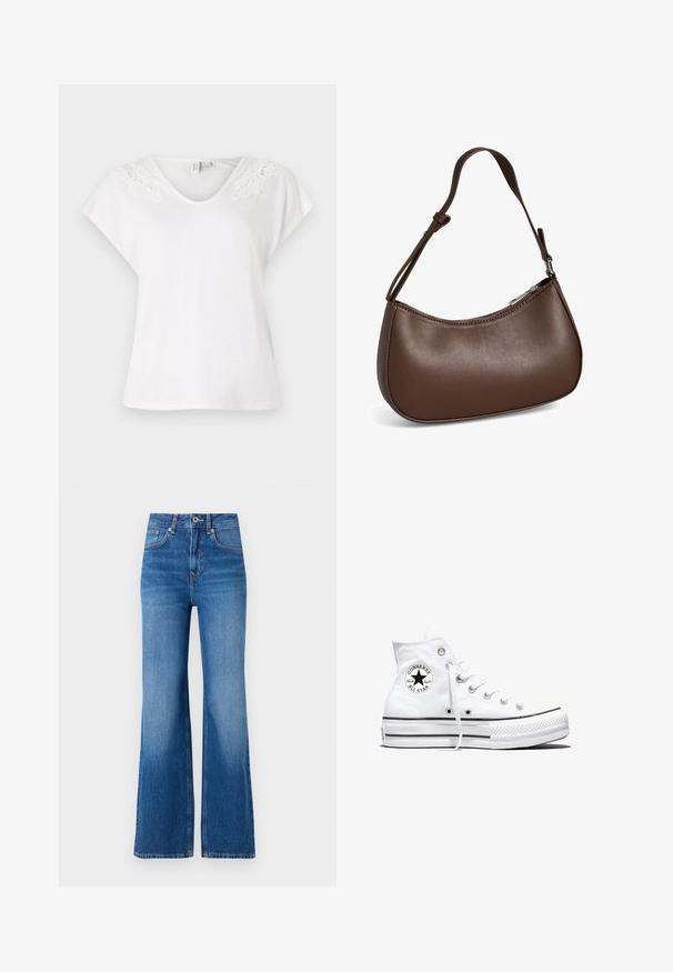 Camiseta blanca de manga corta con escote en forma de V y detalles de encaje en los hombros, hecha de una tela ligera y con un corte holgado.; Jeans de mezclilla azul de pierna ancha con una cintura alta, que cuentan con una cremallera, un cierre de botón y un desvanecimiento sutil a lo largo de las piernas.; Zapatilla blanca de caña alta Converse Chuck Taylor All Star con parche de logo negro y cordones blancos, presentada sobre fondo blanco.; Pequeño bolso bandolera de cuero marrón con correa ajustable y cierre de cremallera, mostrado sobre un fondo blanco. Sin logotipos ni adornos visibles.