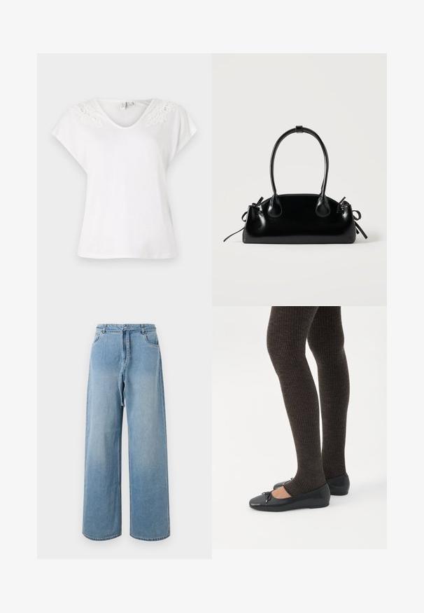 T-shirt blanc à manches courtes avec un décolleté en V et des détails en dentelle sur les épaules, fabriqué en tissu léger, avec une coupe ample.; Jean large en denim bleu clair avec taille haute, comportant des poches avant, une ceinture à nouer et une texture délavée.; Jambes portant des leggings côtelés foncés associés à des ballerines noires avec de petits détails en nœud sur fond blanc.; Petit sac à main noir brillant avec deux longues anses et des détails à cordon sur les côtés sur un fond clair uni.