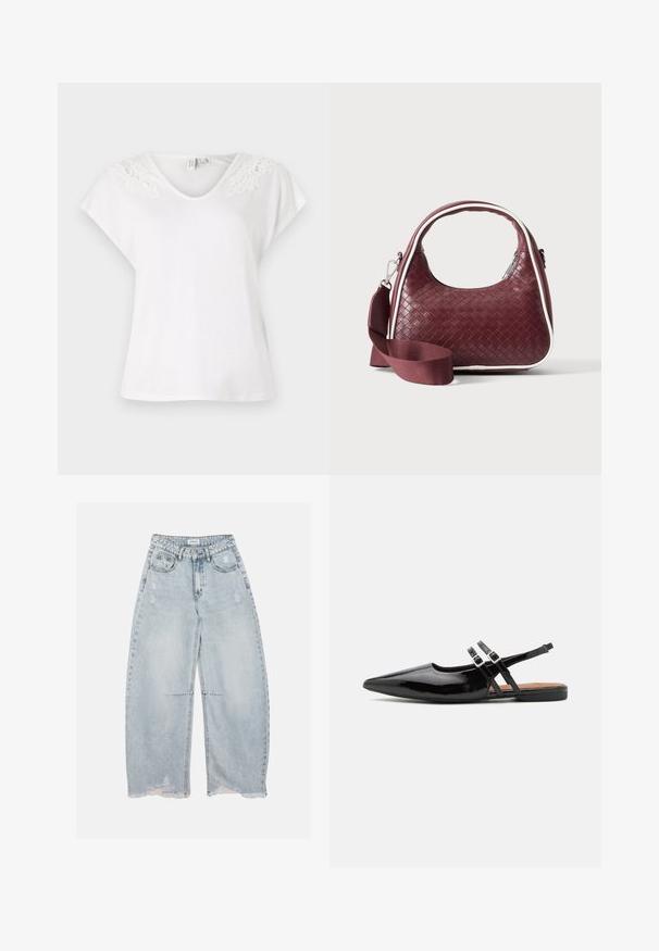 Witte t-shirt met korte mouwen en een v-hals, voorzien van kantdetails op de schouders, gemaakt van lichtgewicht stof en met een losse pasvorm.; Lichtblauwe wijde denim jeans met versleten details en rafelige zomen, voorzien van voorzakken, riemlussen en een knoopsluiting.; Zwarte gepatineerde leren slingback schoenen hebben een spitse neus, twee banden met gespsieraden en een platte zool.; Donkerrode geweven leren handtas met gebogen handvat, witte bies, zilveren rits en afneembare brede stoffen schouderriem tegen een effen achtergrond.