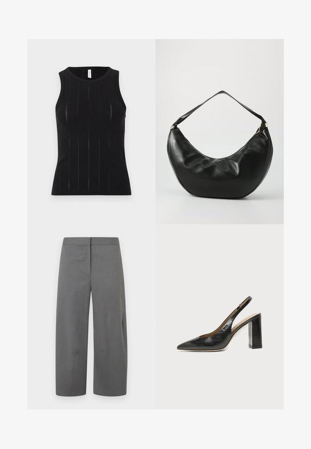 Haut noir sans manches avec une texture côtelée à lignes verticales et des découpes subtiles. Col arrondi et coupe ajustée.; Pantalon gris ajusté avec une coupe droite et à jambes larges. Texture lisse, coutures minimales, sans poches visibles ni ornements.; Chaussure slingback en cuir noir à bout pointu avec un talon bloc haut et une doublure intérieure beige sur un fond clair uni.; Sac à épaule en cuir noir, de forme courbée, avec une texture douce et une seule sangle; il comporte une fermeture éclair dorée et un logo discret.