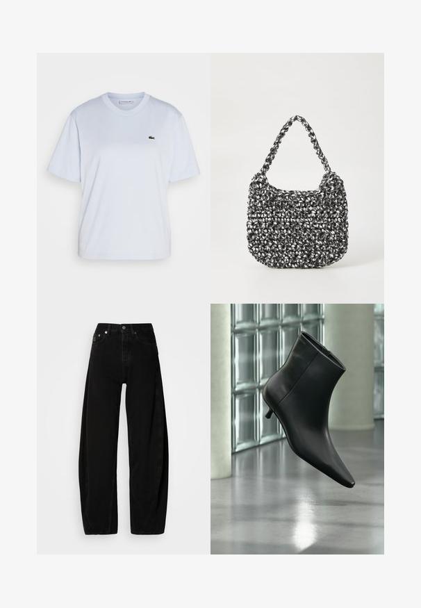 Lacoste T-shirt basic - phoenix blue; Zwarte denim wijde broek met hoge taille, voorzien van een knopenstop, vijf zakken en minimale stikdetails.; Zwarte leren enkellaars met spits toelopende neus en lage kittenhak, schuin weergegeven tegen een gepolijste vloer en een glazen blokken muur als achtergrond.; Geweven handtas in zwart en wit met een ronde vorm, gestructureerd oppervlak en een gevlochten handvat. Geschikt voor dagelijks gebruik.