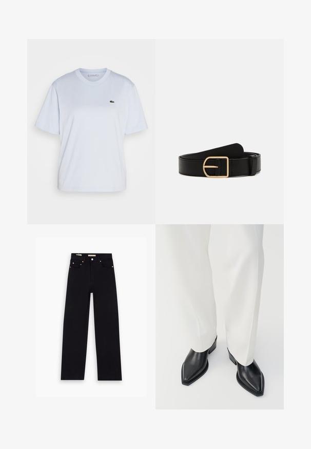 Lacoste T-paita - phoenix blue; Mustat denim-farkut suoran lahkeen leikkauksella, viisi taskua, kupariset varusteet ja sileä tekstuuri. Kaksi etikettiä näkyvissä vyötäröllä.; Mustat kärkipanokset nilkkurit, joissa on sileä nahkapinta ja matalat lohkokorkot, yhdistettynä valkoisiin leveälahkeisiin housuihin. Yksinkertainen ja moderni muotoilu.; Musta nahkavyö kultaisella neliön muotoisella soljella. Siinä on sileä pintakuvio ja klassinen muotoilu, joka sopii sekä rentoon että muodolliseen pukeutumiseen.