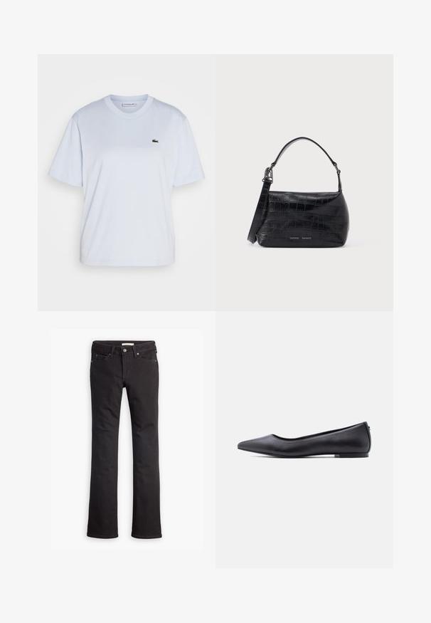 Lacoste T-shirt basic - phoenix blue; Zwarte jeans van denim, met een recht toelopende pijp, standaard taille, vijf zakken en subtiele stiksels.; Zwarte platte leren schoen met puntige neus en lage hak, zijaanzicht tegen een witte achtergrond.; Zwarte schoudertas van krokodillenleer met reliëf, voorzien van een handvat aan de bovenkant en een logo op de voorkant.