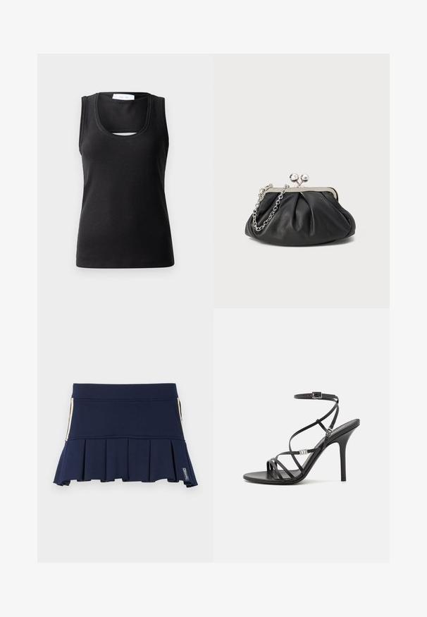 Débardeur sans manches noir en tissu côtelé, avec une encolure dégagée et un petit détail découpé à l'avant pour un design supplémentaire.; Jupe plissée bleu marine en tissu extensible, avec une taille ajustée et un zip sur le côté. Les coutures sont visibles le long des seams.; Sandale noire à talons hauts avec des brides fines, une boucle à la cheville, une surface en cuir lisse et un talon aiguille élancé.; Porte-monnaie en cuir noir avec texture froncée, cadre en métal argenté, fermeture à verrouillage kiss-lock et bandoulière en chaîne. Surface lisse et douce.