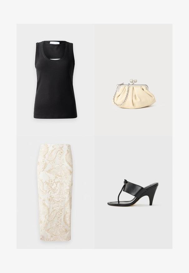 Débardeur sans manches noir en tissu côtelé, avec une encolure dégagée et un petit détail découpé à l'avant pour un design supplémentaire.; Jupe crayon blanche avec un motif de broderie florale et cachemire beige complexe, coupe droite, longueur au genou.; Sandale noire à talon haut avec une large bride avant et une boucle d'orteil dotée d'un détail de corde nouée, vue de profil sur fond blanc.; Pochette en cuir beige plissé avec un cadre en métal argenté, dotée de deux fermoirs ronds décoratifs et d'une chaîne en argent.